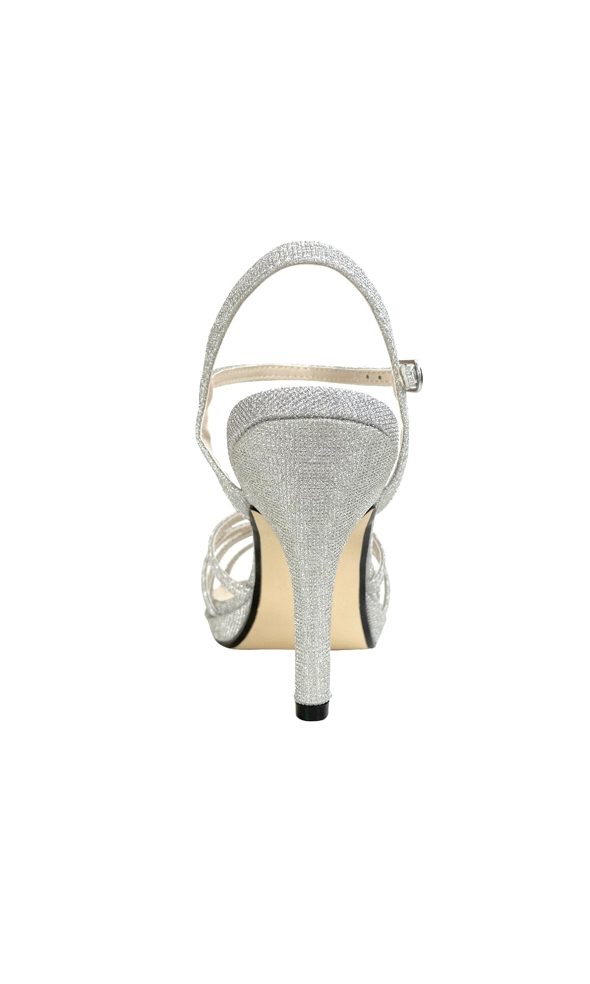 Rear view of the Mae Silver Glitter Prom Shoes: Touch Ups 4505, a single open-toe stiletto heel with an ankle strap, shown against a white background.